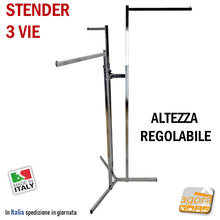 Carica l'immagine nel visualizzatore di Gallery, stender 3 vie per negozi arredo negozio espositore x esporre intimo abiti portabito regolabile in altezza 3 bracci cromato gondola
