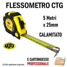 Carica l'immagine nel visualizzatore di Gallery, Flessometro 5 Metri a nastro 25mm professionale per cartongesso cartongessisti calamitato con calamita blocco AKIFIX metro flessibile
