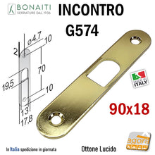 Load image into Gallery viewer, contropiastra incontro porta serratura bonaiti G574 mm 90x18 x scorrevole scrigno 4G57400015 ottone lucido ottonata riscontro incontro
