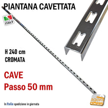 Carica l'immagine nel visualizzatore di Gallery, canalina per arredamento parete negozi scaffalatura scafalature piantana cavettata fissaggio a muro cave passo 50mm p50 5cm a U 240cm cromo lucido
