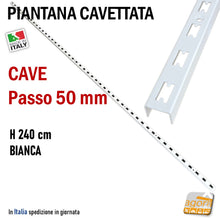 Carica l'immagine nel visualizzatore di Gallery, canalina per arredamento parete negozi scaffalatura scafalature piantana cavettata fissaggio a muro cave passo 50mm p50 5cm a U 240cm bianco bianca
