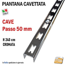 Carica l'immagine nel visualizzatore di Gallery, canalina per arredamento parete negozi scaffalatura scafalature piantana cavettata fissaggio a muro cave passo 50mm p50 5cm a U 240cm lucida ripiani spostabili
