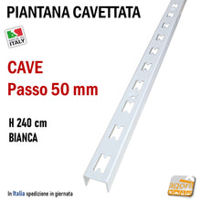 Carica l'immagine nel visualizzatore di Gallery, canalina per arredamento parete negozi scaffalatura scafalature piantana cavettata fissaggio con tasselli a muro cava passo 50mm p50 5cm a U 240cm cromata
