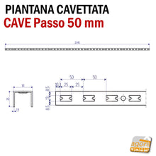 Carica l'immagine nel visualizzatore di Gallery, canalina per arredamento parete negozi scaffalatura scafalature piantana cavettata fissaggio a muro cave passo 50mm p50 5cm a U 240cm arredo negozio

