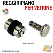 Carica l'immagine nel visualizzatore di Gallery, reggiripiano per vetrine vetrinette perno filettato con vite M6 in vero ottone nichelato gomma nera perni per teche teca in vetro
