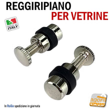 Carica l'immagine nel visualizzatore di Gallery, reggiripiano per vetrine vetrinette perno filettato con vite M6 ottone nichelato gomma nera perni per teche teca in vetro reggiripiani
