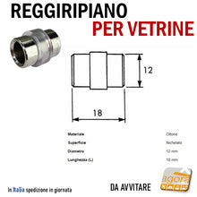 Carica l'immagine nel visualizzatore di Gallery, reggiripiani per vetrine reggivetri supporto con anello in gomma ottone nichelato cromato con foro da avvitare anello gommino trasparente D12 D15x18mm ripiano vetro
