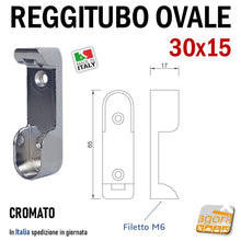 Carica l'immagine nel visualizzatore di Gallery, reggitubo supporto per tubo ovale 30x15 per armadi in metallo zama nichelata cromata robusto reggitubi per  mm 65x17x19 armadio
