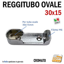 Carica l'immagine nel visualizzatore di Gallery, reggitubo supporto per tubo ovale 30x15 per armadi in metallo zama cromato robusto reggitubi per armadio 15x30 tuvi ovali portabiti
