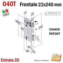 Load image into Gallery viewer, SERRATURA PER PORTA INTERNA PATENT FRONTALE 22x240mm BONAITI 040T E35 I90 + CHIAVE ENTRATA 35MM F 240 X 22 MM BORDO TONDO CATENACCIO 4 CM 40MM
