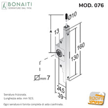 Carica l'immagine nel visualizzatore di Gallery, SERRATURA PORTA A LIBRO BONAITI 076 CHIUSURA 1 PUNTO NASCOSTA QUADRO 7X7 160MM corpo 130MM ENTRATA 24,5MM 25 CON ASTA FILETTATA 923MM 90CM mod.076 47076000F1 Q7 160x39mm perno Ø10mm D10
