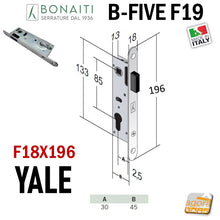 Load image into Gallery viewer, Serratura magnetica porta alluminio Bonaiti B - FIVE F19 cilindro Yale frontale 196x18mm 18x196 1,8cm entrata 30mm e 3 cm interasse 85mm cromo satinato satinata 48F190308E
