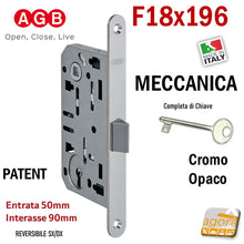 Carica l'immagine nel visualizzatore di Gallery, serratura porta AGB mediana evolution patent chiave normale Frontale 196x18mm tondo scrocco centrale in Nylon plastica entrata 50 mm interasse 90mm quadro maniglia 8x8 Meccanica cromo opaco argento
