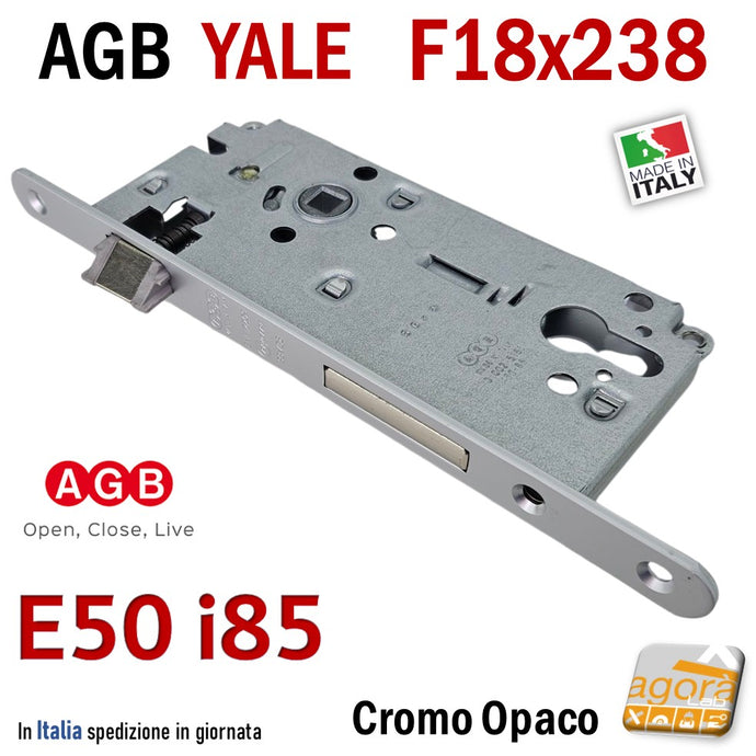 Serratura Yale AGB entrata 50 interasse 85 frontale 18x238 mm cromo satinato opaco