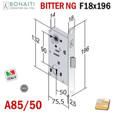 Carica l'immagine nel visualizzatore di Gallery, serratura porta Bonaiti Bitter NG A85 ex T60 Frontale 196x18 mostrina 18x196 entrata 50mm interasse 90mm chiave normale patent scrocco centrale in plastica 48A8515009E
