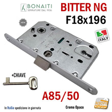 Carica l'immagine nel visualizzatore di Gallery, serratura porta Bonaiti Bitter NG A85 ex T60 Frontale 196x18 mostrina 18x196 entrata 50mm interasse 90mm chiave normale patent scrocco centrale in plastica 48A85150093
