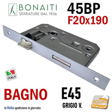 Carica l'immagine nel visualizzatore di Gallery, serratura per porta bagno wc toilet patent piccola frontale quadro 190x20 mm 20x190 entrata 45mm interasse maniglia nottolino 70mm Bonaiti 045P 45BP Grigio verniciato Argentata cromato opaco
