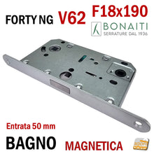 Carica l'immagine nel visualizzatore di Gallery, serrature magnetiche per porta interna bonaiti Forty NG V62 frontale 18x190mm entrata 50mm interasse 96mm wc bagno toilette doppio quadro 8x8 6x6 cromo opaco argento 48V620509E
