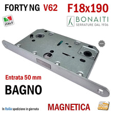 Carica l'immagine nel visualizzatore di Gallery, serratura magnetica per porte interne bonaiti Forty NG V62 frontale 18x190mm entrata 50mm interasse 96mm wc bagno doppio quadro 8x8 6x6 cromo opaco argento
