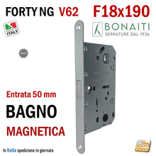 Carica l'immagine nel visualizzatore di Gallery, serratura porta magnetica per porte interne bonaiti Forty NG V62 frontale 18x190mm entrata 50mm interasse 96mm wc bagno doppio quadro 8x8 6x6 cromo opaco argento
