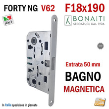 Carica l'immagine nel visualizzatore di Gallery, serratura magnetica per porte interne bonaiti Forty NG V62 frontale 18x190mm entrata 50mm interasse 96mm wc bagno doppio quadro 8x8 6x6 cromo opaco argento 48V6205009E
