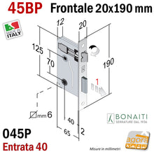 Carica l'immagine nel visualizzatore di Gallery, serratura porta bagno wc toilet patent piccola frontale quadro 190x20 mm 20x190 entrata 40mm interasse maniglia nottolino 70mm Bonaiti 045P 45BP Grigio verniciato Argentata
