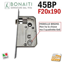 Carica l'immagine nel visualizzatore di Gallery, serratura per porta bagno wc toilet patent piccola frontale quadro 190x20 mm 20x190  interasse maniglia nottolino 70mm Bonaiti 045P
