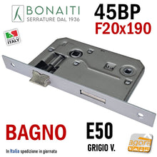 Carica l'immagine nel visualizzatore di Gallery, serratura porta bagno wc toilet patent piccola frontale quadro 190x20 mm 20x190 entrata 50mm interasse maniglia nottolino 70mm Bonaiti 045P 45BP Grigio verniciato Argento cromo opaco
