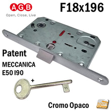 Carica l'immagine nel visualizzatore di Gallery, serratura porta AGB mediana evolution patent con chiave Frontale F 196x18 mm tondo scrocco centrale reversibile E50 mm I90 mm quadro maniglia 8x8 Meccanica argentata
