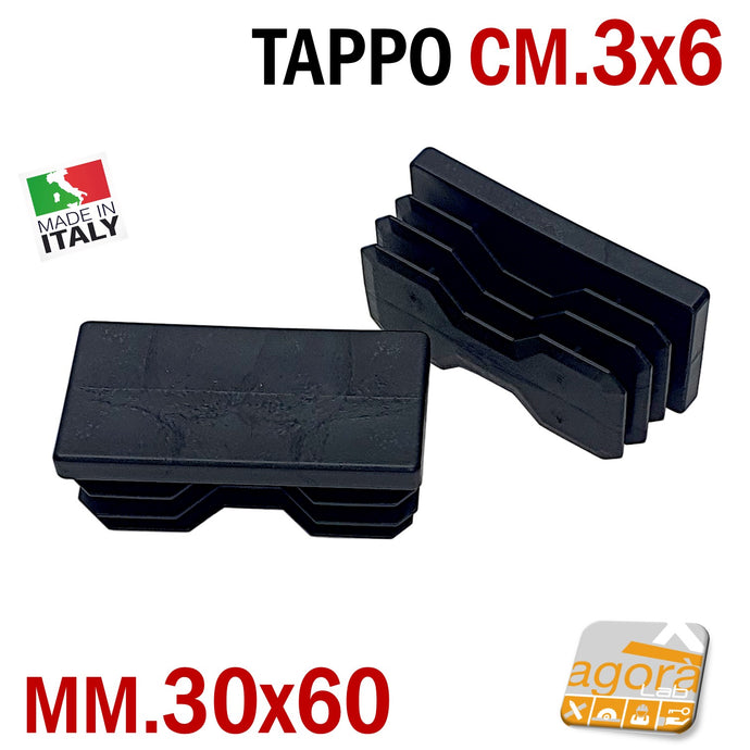 10pz TAPPO RETTANGOLARE mm 30x60 NERO PUNTALE PLASTICA cm 6x3 SOTTOPIEDE ALETTATO TAPPI NERI 30x60 mm 60x30