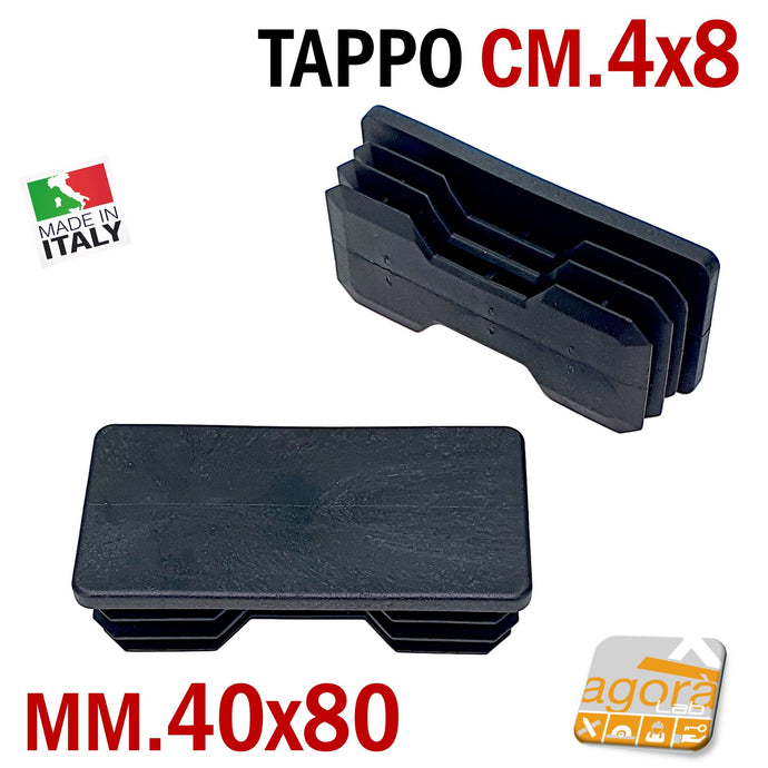 mm80x40 NERO - Tappo sottopiede copritesta alettato per tubi tubolari tubolare metallico da inserire a pressione. Puntale con alette per telai strutture tavoli carpenteria metallica. In plastica nera ben rifinito di qualità. Tappo Cappucci Estremità Tubo Rettangolare Plastica tubo otturazione coperchi. mm40x80 cm8x4 prezzo distributore industriale produttore produzione materiali plastici. Tappi disponibili spedizione veloce. Inserto a lamelle