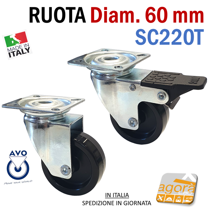 RUOTE RUOTA GIREVOLE Diametro 60mm NERA CON PIASTRA 40x40 AVO SC220T SENZA FRENO CON FRENO AVO ORIGINALI