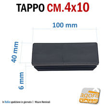 Load image into Gallery viewer, mm100x40 - BLACK Finned head cover insole cap for tubular metal tubular tubes to be pressed in. Toe cap with wings for metal carpentry table structures frames. In well finished quality black plastic. Cap Caps End Caps Rectangular Plastic tube sealing lids. mm40x100 cm10x4 price industrial distributor manufacturer production of plastic materials. Caps available fast shipping. NERO - Tappo sottopiede
