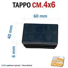 Load image into Gallery viewer, mm.60x40 - BLACK Finned head cover insole cap for tubular metal tubular tubes to be pressed in. Toe cap with wings for metal carpentry table structures frames. In well finished quality black plastic. Cap Caps End Caps Rectangular Plastic tube sealing lids. mm 40 x 60 cm 6x4 price industrial distributor manufacturer production of plastic materials. Caps available fast shipping.
