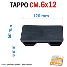 Load image into Gallery viewer, mm120x60 BLACK - Finned head cover insole cap for tubular metal tubular tubes to be pressed in. Toe cap with wings for metal carpentry table structures frames. In well finished quality black plastic. Cap Caps Ends Rectangular Tube Plastic sealing tube lids. mm60x120 cm12x6 price industrial distributor manufacturer production of plastic materials. Caps available fast shipping. Reed insert
