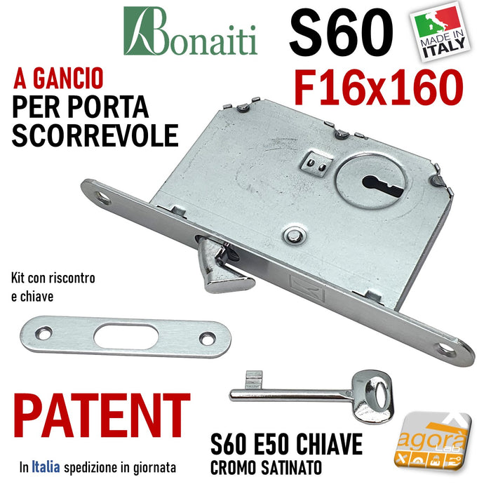 Serratura a gancio a uncino per porta scorrevole ante scorrevoli scrigno bonaiti S60 frontalino F16x160mm entrata 50mm chiave patent Cromo satinato cromata argento satinata cromo opaco