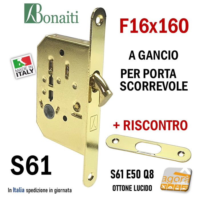 SERRATURA PORTA SCORREVOLE GANCIO UNCINO FRONTALE F16x160mm BONAITI 61/50 OTTONE LUCIDO OTTONATA GIALLA BAGNO WC MONETA LIBERO-OCCUPATO INCONTRO serrature scrocco a gancio per scrigno f 16x1,6cm kit con riscontro S61 entrata 5cm per locali pubblici Door Lock