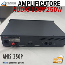 Load image into Gallery viewer, power amplifier audio 100v per rack australian monitor AMIS 250P nero 100V 70V 230V 110V 24V per impianti audio professionali per negozi e locali in genere
