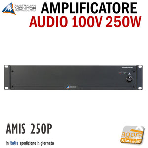 power amplifier audio 100v per rack australian monitor AMIS 250P nero 100V 70V 230V 110V 24V per impianti audio professionali per negozi e locali in genere vista frontale
