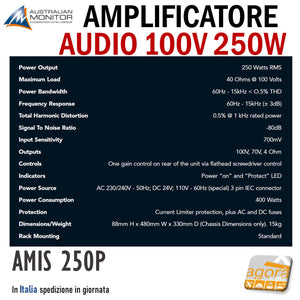 power amplifier audio 100v per rack australian monitor AMIS 250P nero 100V 70V 230V 110V 24V per impianti audio professionali per negozi e locali in genere caratteristiche