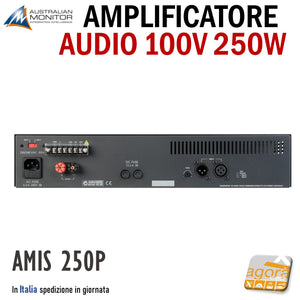 power amplifier audio 100v per rack australian monitor AMIS 250P nero 100V 70V 230V 110V 24V per impianti audio professionali per negozi e locali in genere rear