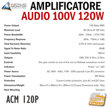 Load image into Gallery viewer, AMPLIFICATORE AUDIO AUSTRALIAN MONITOR ACM 120P 120W POWER AMPLIFIER 80 OHM 100V caratteristiche tecniche
