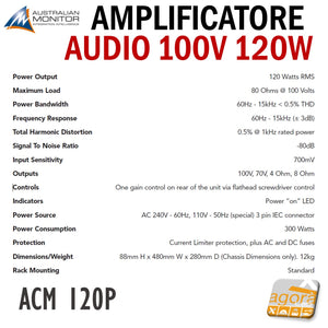 AMPLIFICATORE AUDIO AUSTRALIAN MONITOR ACM 120P 120W POWER AMPLIFIER 80 OHM 100V caratteristiche tecniche