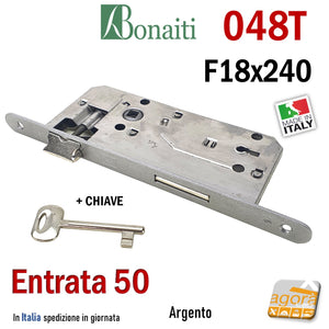 SERRATURA PORTA PATENT FRONTALE 18x240mm BONAITI 048T E50 I90 +CHIAVE ARGENTO VERNICIATO