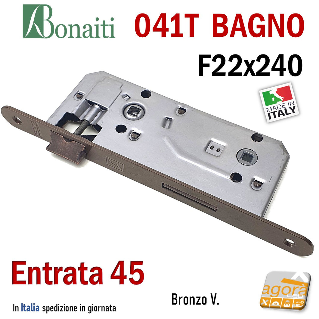 SERRATURA PORTA PATENT GRANDE BAGNO FRONTALE 22x240mm BONAITI 041T-45 BRONZO E45 I90 ENTRATA 45MM