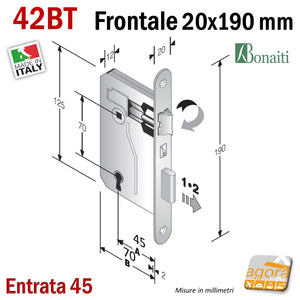 misure SERRATURA PORTA FRONTALE 20x190mm TONDO E45 I70 BONAITI 42T BRONZO PATENT PICCOLA patent