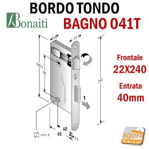 SERRATURA PORTA PATENT GRANDE BAGNO FRONTALE 22x240mm BONAITI 041T-40 OTTONE E40 I90