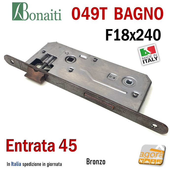 SERRATURA PORTA BAGNO FRONTALE 18x240mm BONAITI 049T-45 BRONZO E45 I90 entrata 45mm frontale 24 x 1,8 bronzata