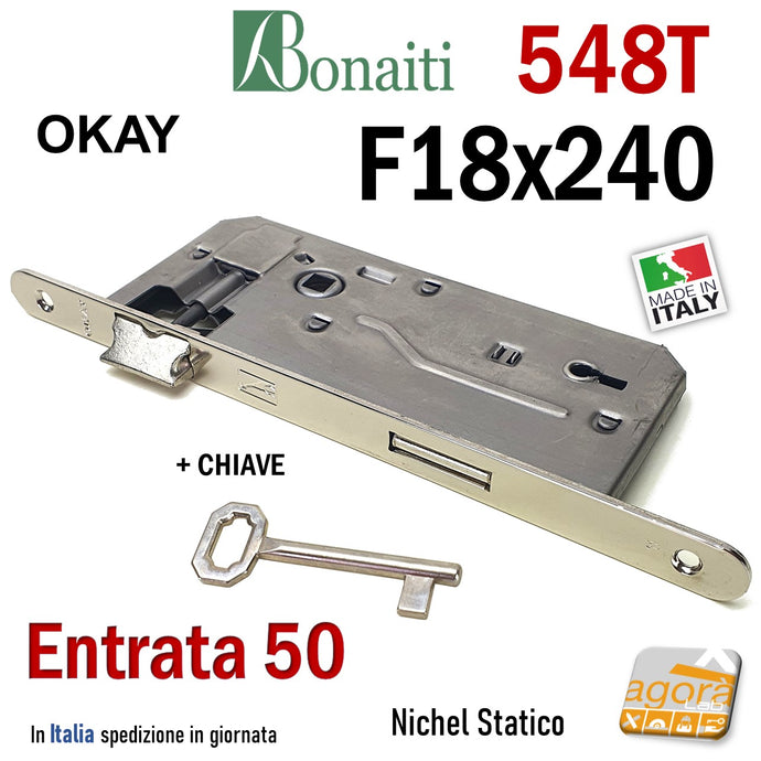 SERRATURA PORTA PATENT OKAY F18x240mm BONAITI 548T + CHIAVE E50 I90 CROMO NICHEL 48548050LE