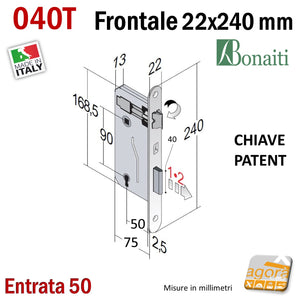 SERRATURA PORTA PATENT FRONTALE 22x240mm BONAITI 040T E50 I90 OTTONE +CHIAVE frontale 24cm